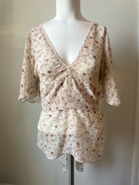Cream Floral SheerTie-Back Blouse